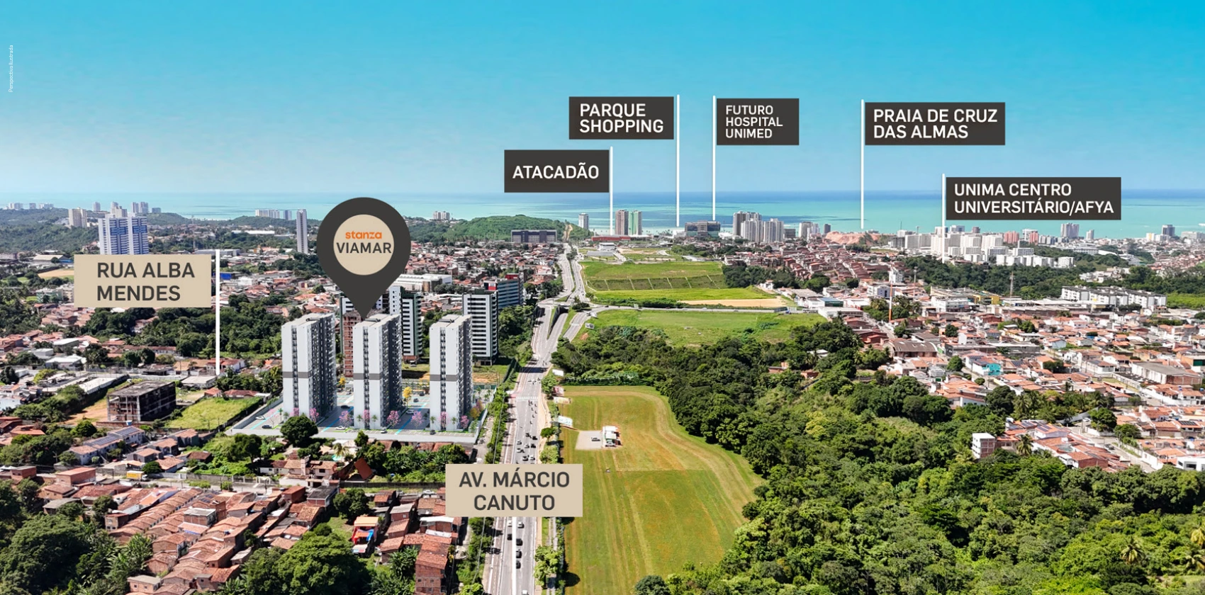 Vista aérea ilustrada do Stanza Viamar e pontos de referência na região do Parque Shopping